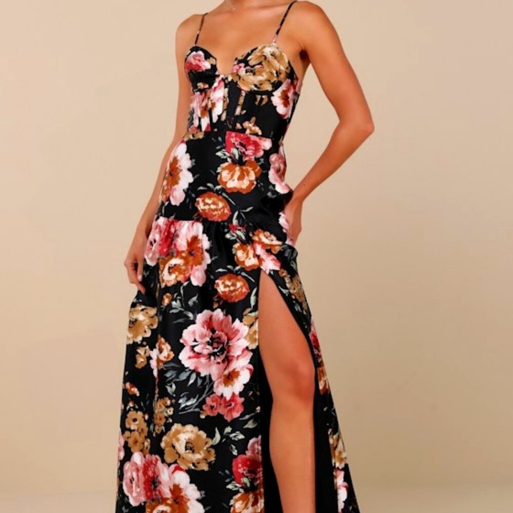 Lulus Confident Delight Black Floral Tiered Bustier Maxi Dress - Size M
